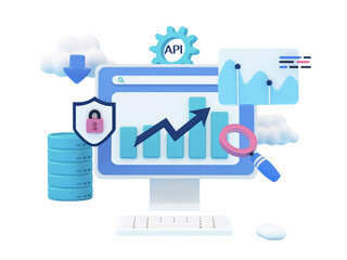 3d big data business software abstract concept illustration. Desktop with Innovative data analytics, informative visualization, security icon, sharing and cloud service. 3d render illustration