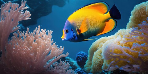 Canvas Print - Picture of a tropical fish swimming among coral Generative AI