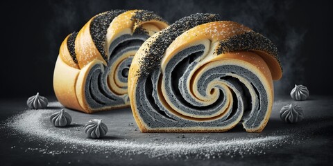 Wall Mural - Poppy seed-studded, handmade bread in a swirl pattern, set against a concrete backdrop Generative AI