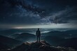 man standing on mountaintop at night under clouds at sky Generative AI