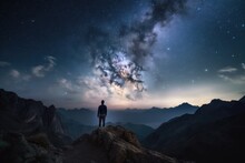 Man Looking Down Over Mountains During The Night With Milky Way Generative AI