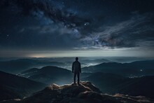 Man Standing On Mountaintop At Night Under Clouds At Sky Generative AI