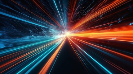 Poster - Speed of light in orange and blue colorful background. Generative ai