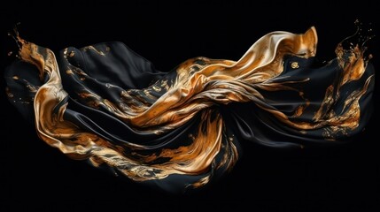 flying black and gold fabric on a black background.Generative AI