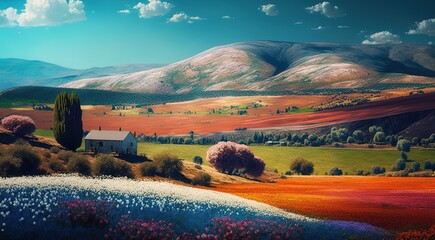 Wall Mural - Hilly, flowery, and blue, the scenery is picturesque. Generative AI