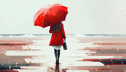 Illustration from standing woman in red coat with red umbrella on rain created with Generative AI technology