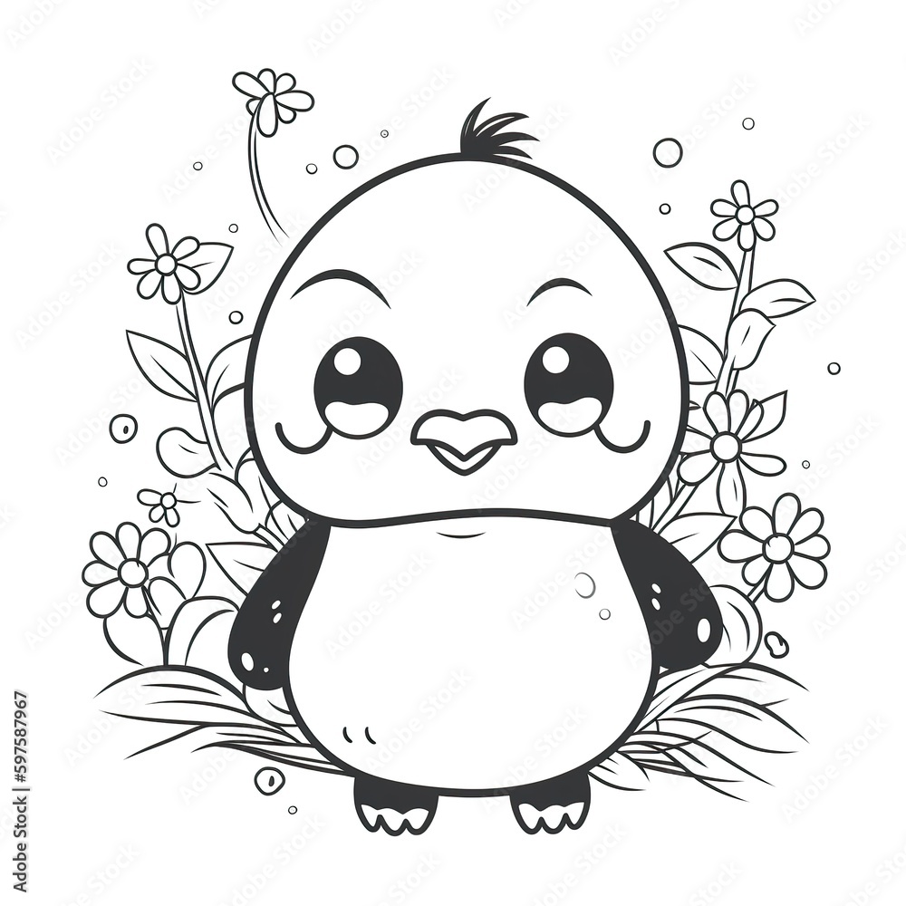 Kids coloring page of a penguin with flowers that is blank and