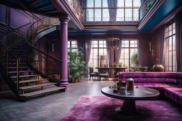 Purple luxury interior design architecture, stairs. Generative AI