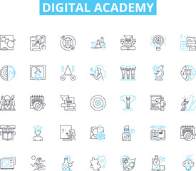 Digital academy linear icons set. Education, Technology, Innovation, Learning, Training, Skills, Digitalization line vector and concept signs. Transformation,Curriculum,E-learning outline