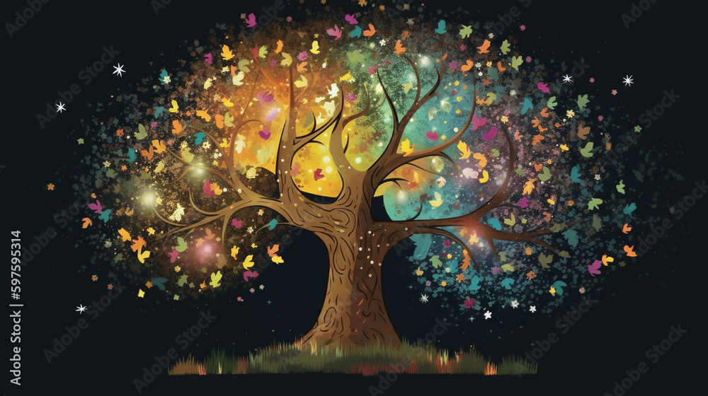 Generate a beautiful magical tree description of 200 words. Leave only nouns and adjectives. Separate words with commas. Generative AI