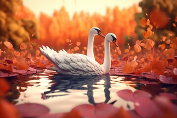 Wall Mural - 3D cartoon elegant swan gracefully gliding across a tranquil pond surrounded by colorful autumn foliage. Generative AI