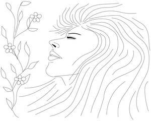 Wall Mural - black and white pencil sketch vector design of a woman's face viewed from the side with loose hair who seems to close her eyes while enjoying or smelling the aroma of flowers and leaves in front of he