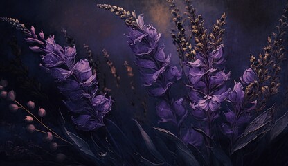 Wall Mural - Generative AI, Close up of blooming flowerbeds of amazing lavender purple flowers on dark moody floral textured background. Photorealistic effect..