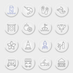 Wall Mural - Thailand line icon set, thai symbols collection, vector sketches, neumorphic UI UX buttons, asia signs linear pictograms package isolated on white background, eps 10.