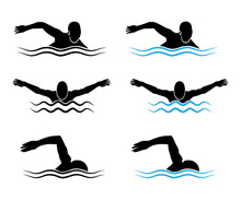 Swimming Styles Icon On White Background, Man Swimming Silhouette. Wave Designs. Vector Illustration