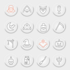 Wall Mural - Halloween line icon set, horror symbols collection, vector sketches, neumorphic UI UX buttons, creepy holiday signs linear pictograms package isolated on white background, eps 10.