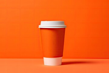 Poster - hot cup of coffee on a vibrant orange background. Generative AI