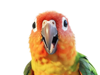 Wall Mural - Close-up Funny Portrait of Surprised Colorful Parrot with Huge Eyes. AI generative. Isolated on White Background.