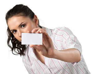 Happy smiling young  woman showing card, isolated on white background