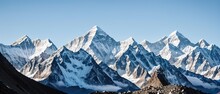 Mountain Peak Of The Tibetan Snow-capped Mountains, A Beautiful Panorama Of The Mountains At Sunset Of The Day, Generative Ai.