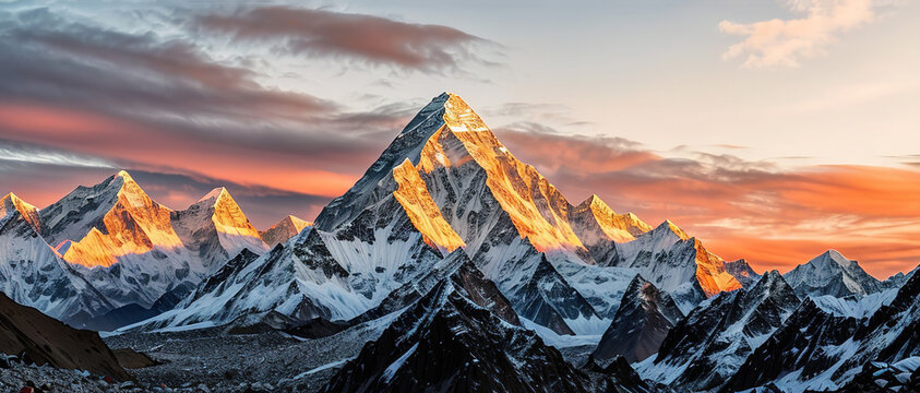 Mountain peak of the tibetan snow-capped mountains, a beautiful panorama of the mountains at sunset of the day, generative ai.