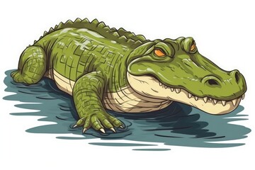 Sticker - green alligator swimming in a body of water. Generative AI