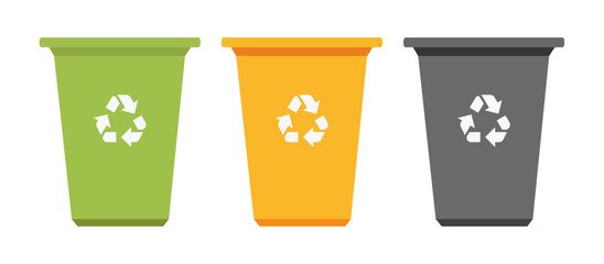 garbage bins set. colorful trash cans with recycling icon. waste sorting containers. vector illustra