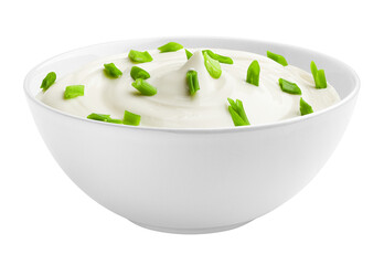 Wall Mural - sour cream with onion, parsley, dill, herbs in bowl, isolated on white background, full depth of field