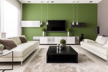 Canvas Print - modern living room with stylish furniture and a large flat screen television. Generative AI