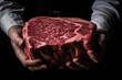 A man holds wagyu raw meat in his hand. Ai generative.