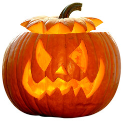 Carved pumpkin halloween object for advertising and decoration. Pumpkin isolated on transparent background.