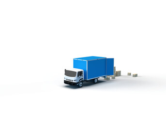 A car truck transports cardboard boxes. 3d render on the topic of freight transportation, relocation, delivery, courier. Minimal style, transparent background.