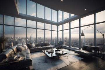 Wall Mural - Living room with a view. Luxurious living room in a penthouse with floor-to-ceiling windows offering a stunning view of the city skyline. Generative AI.