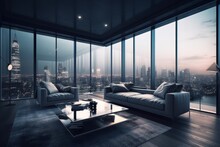 Living Room With A View: Illustrate A Luxurious Living Room In A Penthouse With Floor-to-ceiling Windows Offering A Stunning View Of The City Skyline At Night. Generative Ai