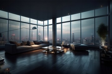 Wall Mural - Living room with a view: Illustrate a luxurious living room in a penthouse with floor-to-ceiling windows offering a stunning view of the city skyline at night. Generative Ai