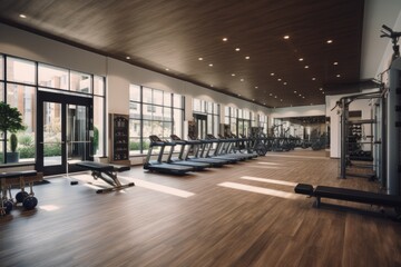 Fitness center. Show a fitness center with state-of-the-art equipment, a yoga studio, and a personal trainer on hand to provide guidance and support. Generative AI