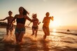 Happy friends at beach party runs to sunset water. Generative AI