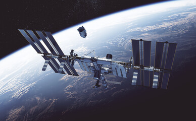 Wall Mural - commercial spacecraft docking to international space station on background of earth