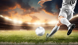 Fototapeta Sport - football soccer player kicking in action in white team sunset stadium background, champions, euro cup, nations cup ,world cup ,France ,england ,Italy with copy space africa nations cup	
