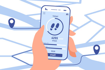 Poster - Fitness tracking concept. Character holds smartphone in hand and looks at route of jogging, training. Statistics and infographics for athletes. Sport and workout. Cartoon flat vector illustration