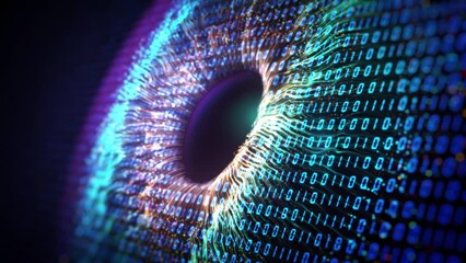 Wall Mural - human multicolored iris of the eye animation concept. rainbow lines with binary numbers and forming 