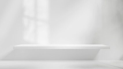 Poster - white table background podium stage for text design and products, white stage with sunlight and shadow, table background