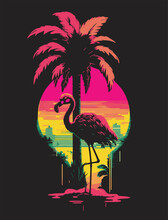 A Colorful Flamingo And Palm Trees At Sunset,summer Paradise, In Retro Style. Bright Neon Colors.  For T-shirts, Covers, Tattoos, Interiors, Posters And Advertising