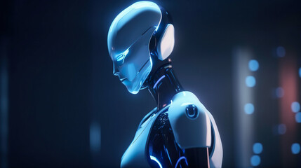 A robot is standing in a dark room. AI generative image