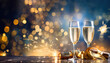 An elegant and celebratory scene, with crystal champagne flutes filled to the brim with golden bubbles, set against a sparkling background . Ai generated.