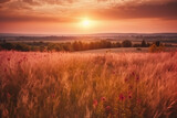 Fototapeta Krajobraz - Beautiful colorful natural panoramic landscape with a field of ripe wheat in the rays of setting sun. Natural sunset in golden and pink colors. AI generative