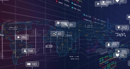 Poster - Animation of changing numbers and icon on message boxes over graphs , trading board and map