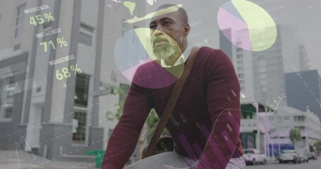 Poster - Animation of infographic interface over senior african american man riding bicycle on street in city