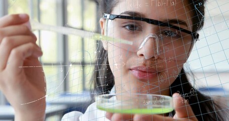 Poster - Animation of mathematical equations over biracial girl performing experiment in laboratory at school