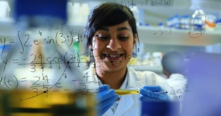 Poster - Animation of mathematical equations over biracial female scientist holding a test tube at laboratory